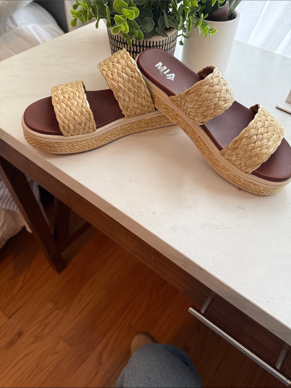 MIA Braided Double-Strap Platform Slides in Natural Tan